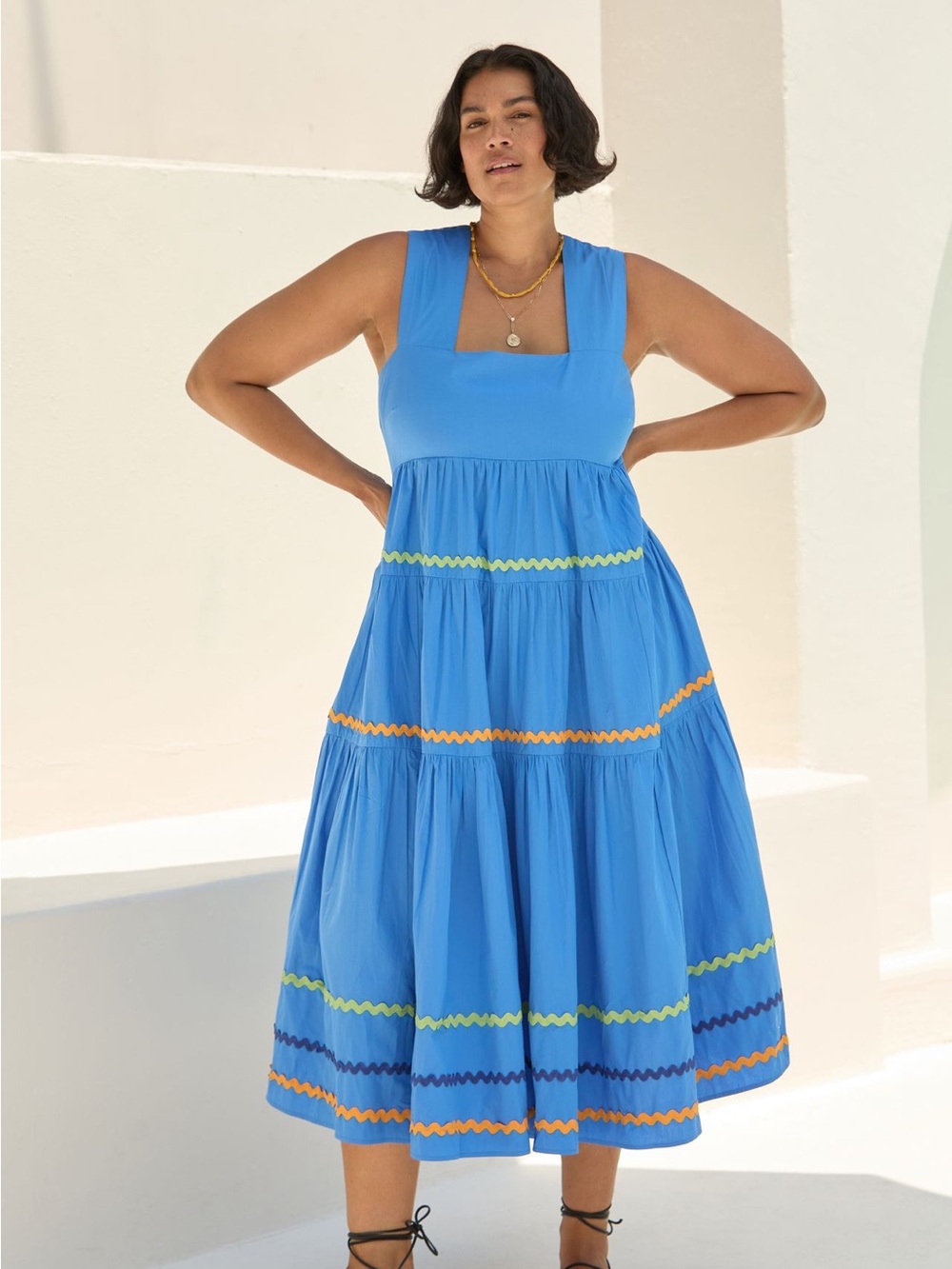 Anthropologie Blue Tiered Square-Neck Midi Dress